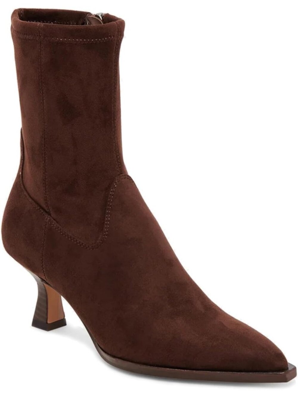 Women's Dark Brown Suede Pointy Toe Stacked Kitten Heels Side Zipper Ankle Boot
